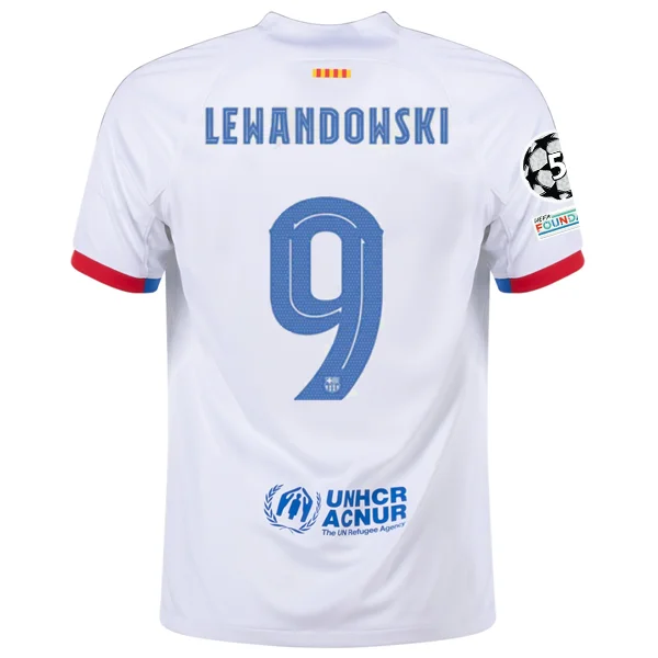 Nike Barcelona Robert Lewandowski Away Jersey w/ Champions League Patches 23/24 (White/Royal Blue) Trendy Men's Bucket Nike Barcelona Robert Lewandowski Away Jersey w/ Champions League Patches 23/24 (White/Royal Blue) Trendy Men's Bucket