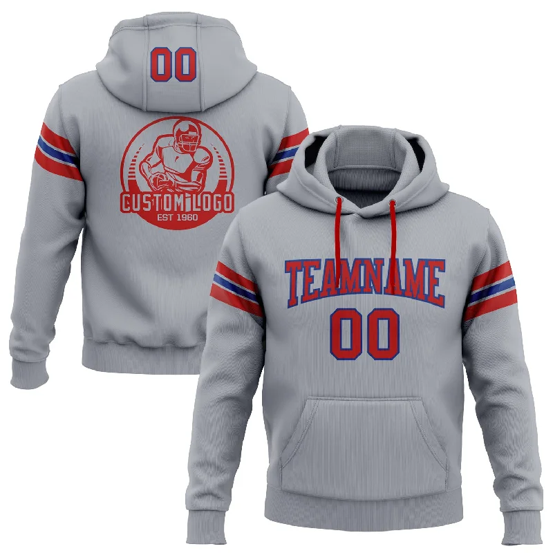 Custom Stitched Gray Red-Royal Football Pullover Sweatshirt Hoodie Organic