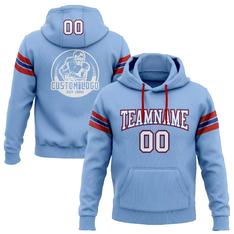 Custom Stitched Light Blue White Royal-Red Football Pullover Sweatshirt Hoodie Sleek Men's Metallic Custom Stitched Light Blue White Royal-Red Football Pullover Sweatshirt Hoodie Sleek Men's Metallic