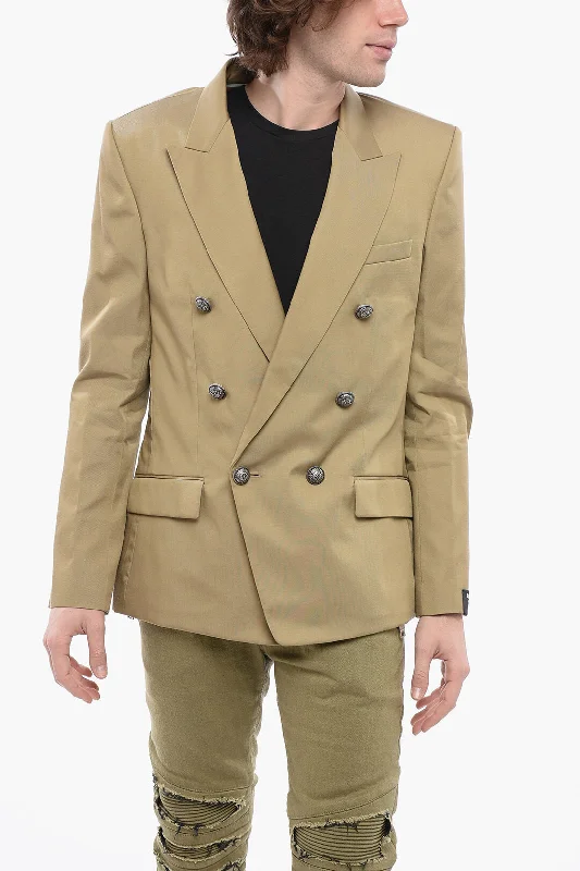 Balmain Double-Breasted Cotton Blend Unlined Blazer With Logoed Butt Hip Men's Urban Balmain Double-Breasted Cotton Blend Unlined Blazer With Logoed Butt Hip Men's Urban