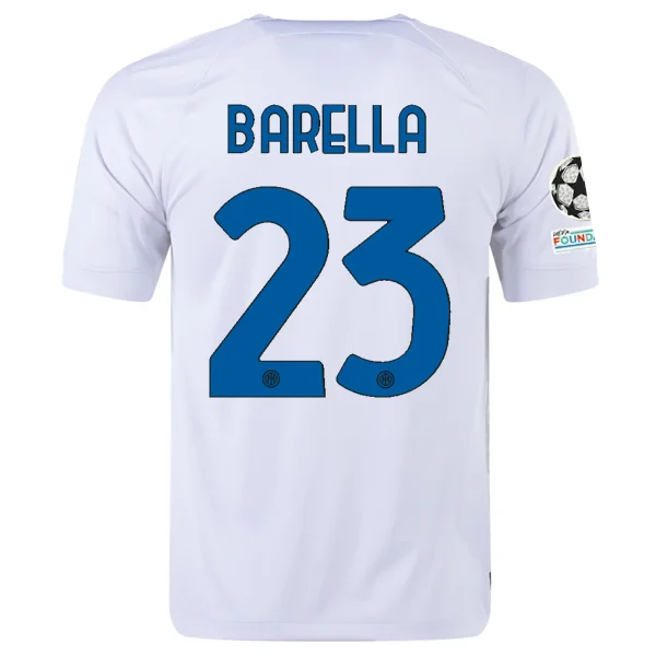 Nike Inter Milan Nicolò Barella Away Jersey w/ Champions League + Copa Italia Patches 23/24 (White/Lyon Blue) Youthful Men's Pop Nike Inter Milan Nicolò Barella Away Jersey w/ Champions League + Copa Italia Patches 23/24 (White/Lyon Blue) Youthful Men's Pop
