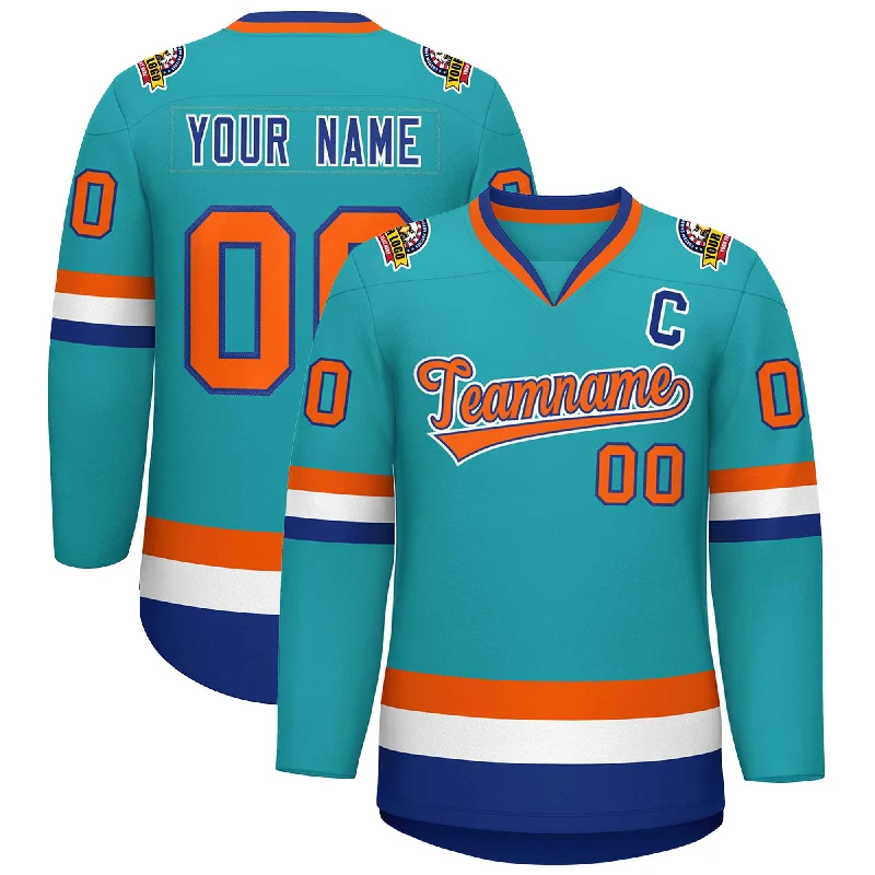 Custom Aqua Orange Royal-White Classic Style Hockey Jersey Practical Men's Quick
