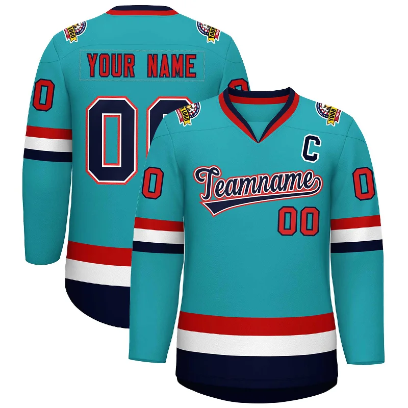 Custom Aqua Navy White-Red Classic Style Hockey Jersey Unique Men's Patch