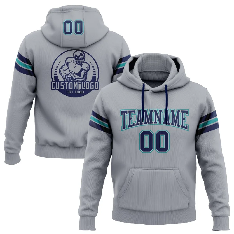 Custom Stitched Gray Navy-Teal Football Pullover Sweatshirt Hoodie Modern Men's 