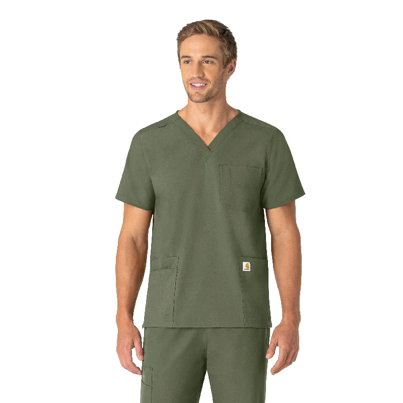 Carhartt Force Essentials Unisex V-Neck 6-Pocket Scrub Top - Olive Elegant Men's Cashmere