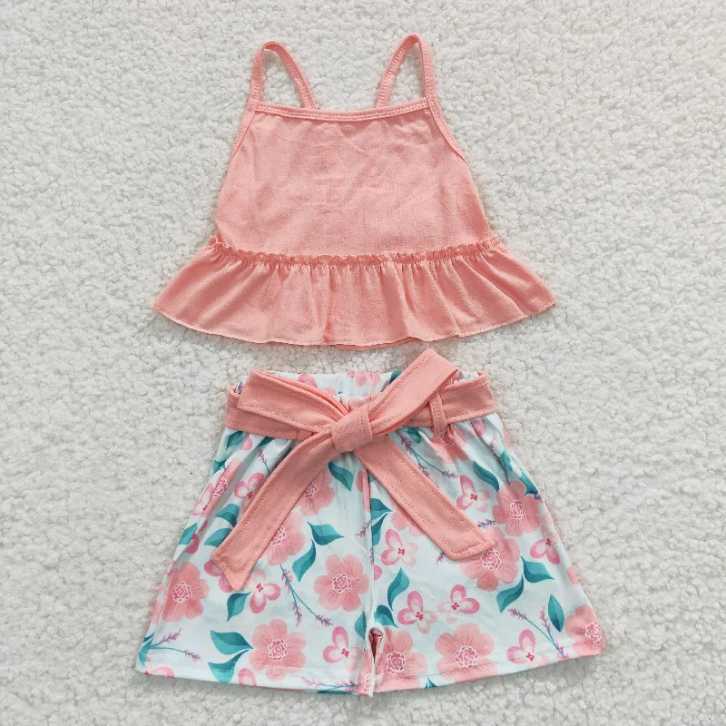 Clearance GSSO0196 Girls' pink floral halter shorts set Modern Men's 