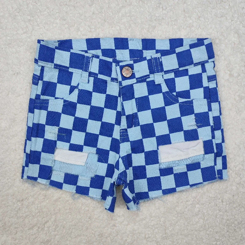 SS0093 New Blue Plaid Distress Girls Shorts Denim Jeans RTS 202501 Cool Men's Skate
