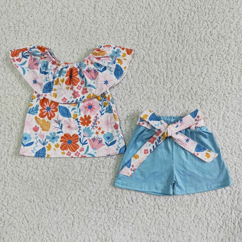 Clearance GSSO0099 Girls floral one-line shoulder bow blue shorts set high quality Monochromatic Office Style Clearance GSSO0099 Girls floral one-line shoulder bow blue shorts set high quality Monochromatic Office Style