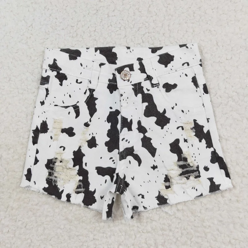 SS0332 NO MOQ White cow-print ripped denim shorts High quality girls denim jeans Vintage Men's 1970S Disco