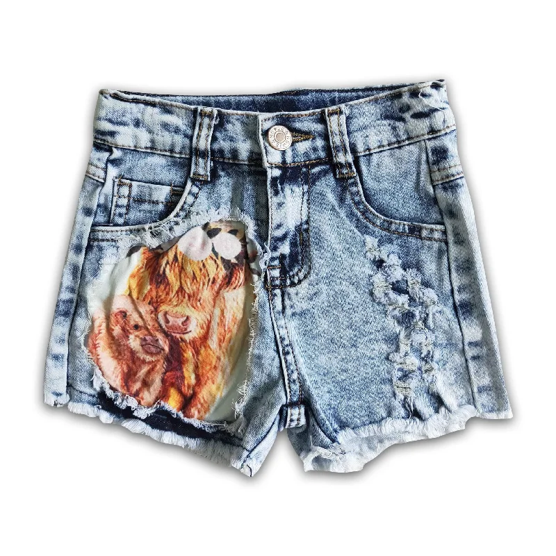Highland cow denim shorts girls summer jeans Casual Men's Japanese 