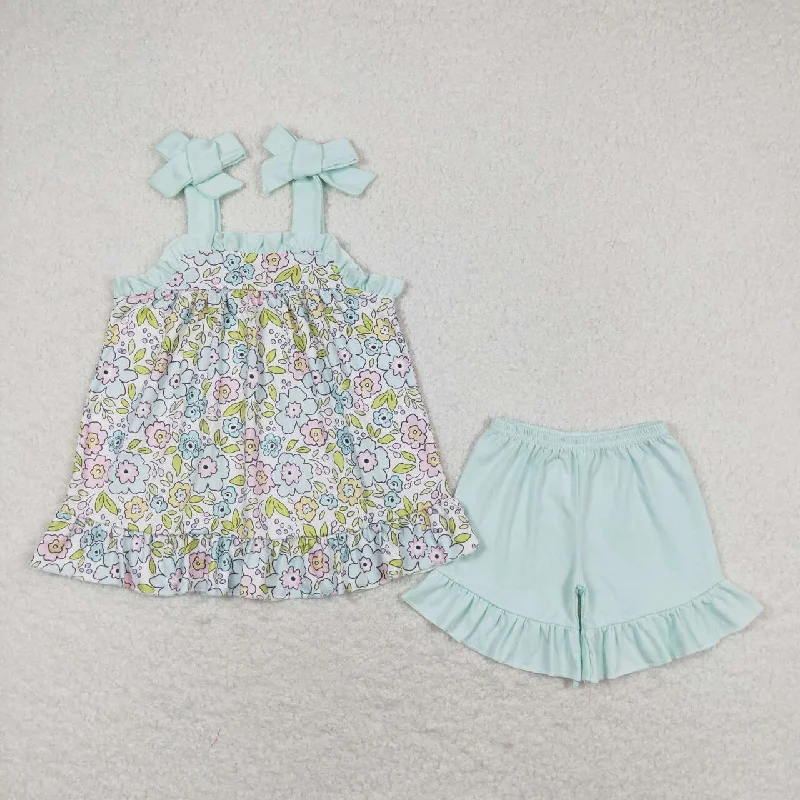 GSSO1018 Floral light blue lace suspender shorts set kids clothing sets for girls Lumberjack GSSO1018 Floral light blue lace suspender shorts set kids clothing sets for girls Lumberjack