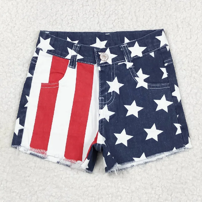SS0168 Red and white striped stars blue patchwork denim shorts little girls jeans Preppy Men's College SS0168 Red and white striped stars blue patchwork denim shorts little girls jeans Preppy Men's College