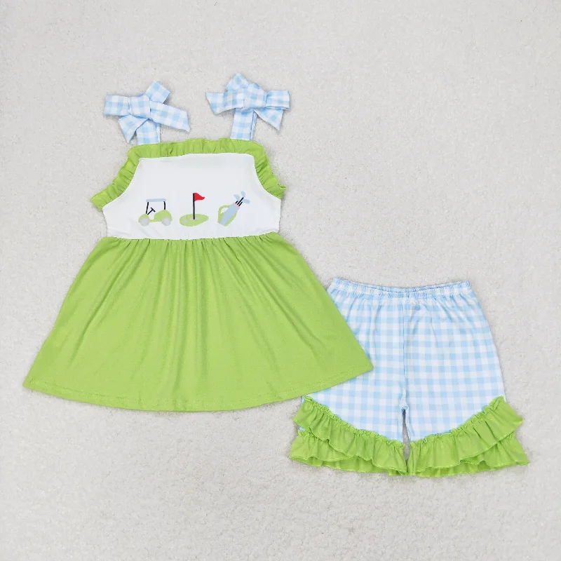 GSSO0719 Golf tour car Blue checkered lace green halter shorts set teens clothing sets for girls British Gentleman Style