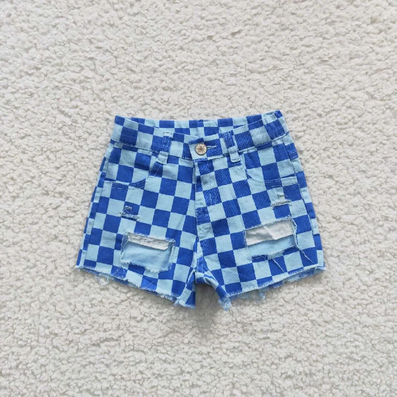 SS0093 Blue Plaid Distress Girls Shorts Denim Jeans Polished Men's Satin