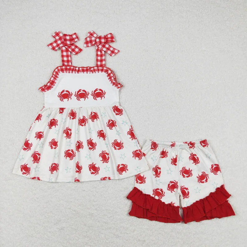 GSSO0728 Crab Stars red and white checkered lace beige halter shorts set girls clothing sets baby girls Vacation GSSO0728 Crab Stars red and white checkered lace beige halter shorts set girls clothing sets baby girls Vacation
