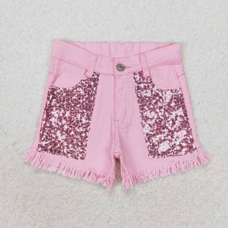 SS0230 Pink sequined denim shorts high quality summer kids custom shorts Beach