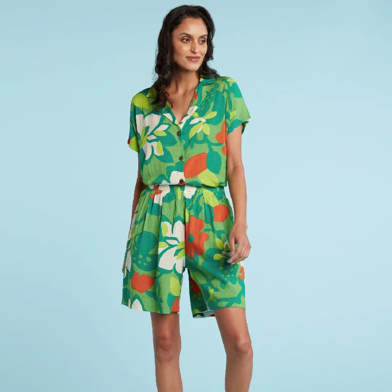 Modern Aloha Top - Hau Flower Green Polished Men's Satin