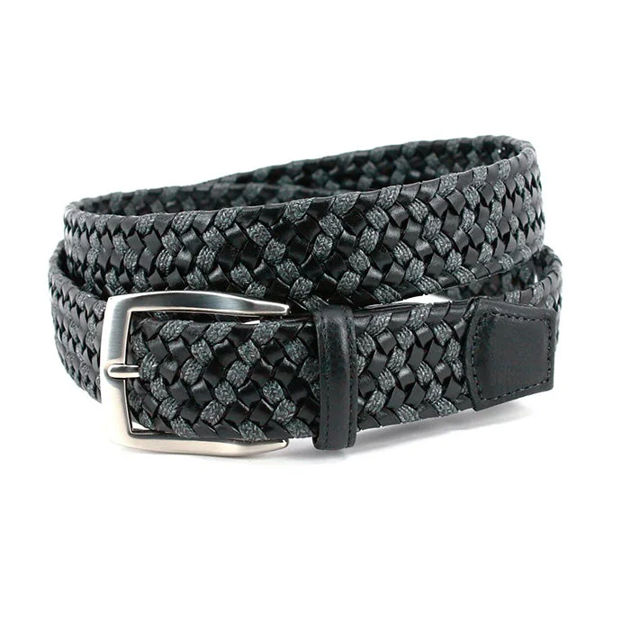 Torino Italian Braided Leather & Linen Elastic Belt - Black/Grey Polished Men's Satin Torino Italian Braided Leather & Linen Elastic Belt - Black/Grey Polished Men's Satin
