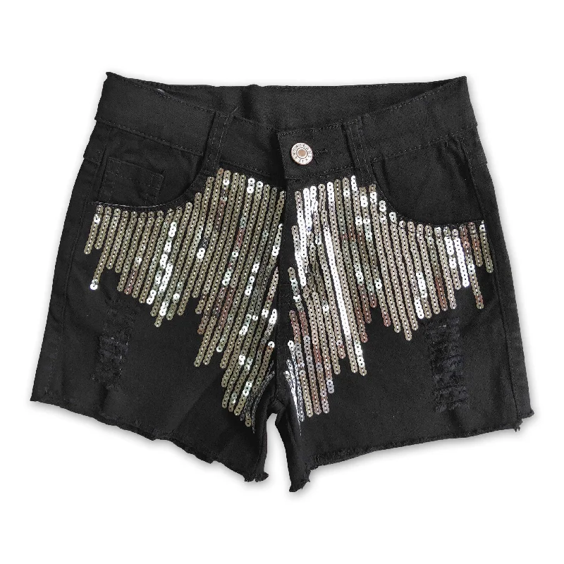 Girl Black Sequin denim shorts Polished Men's Satin