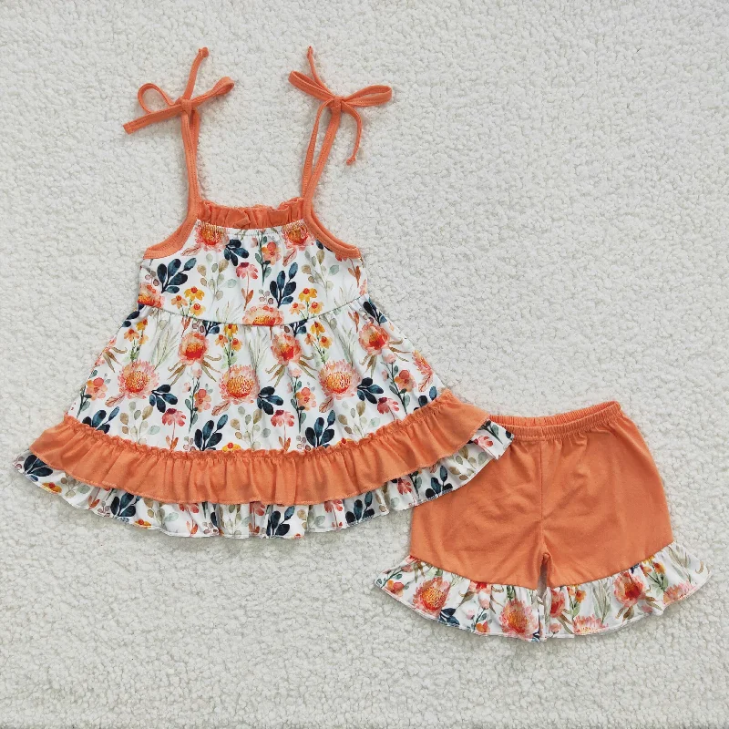 Clearance GSSO0194 Girls orange floral halter shorts set Tough Men's Military