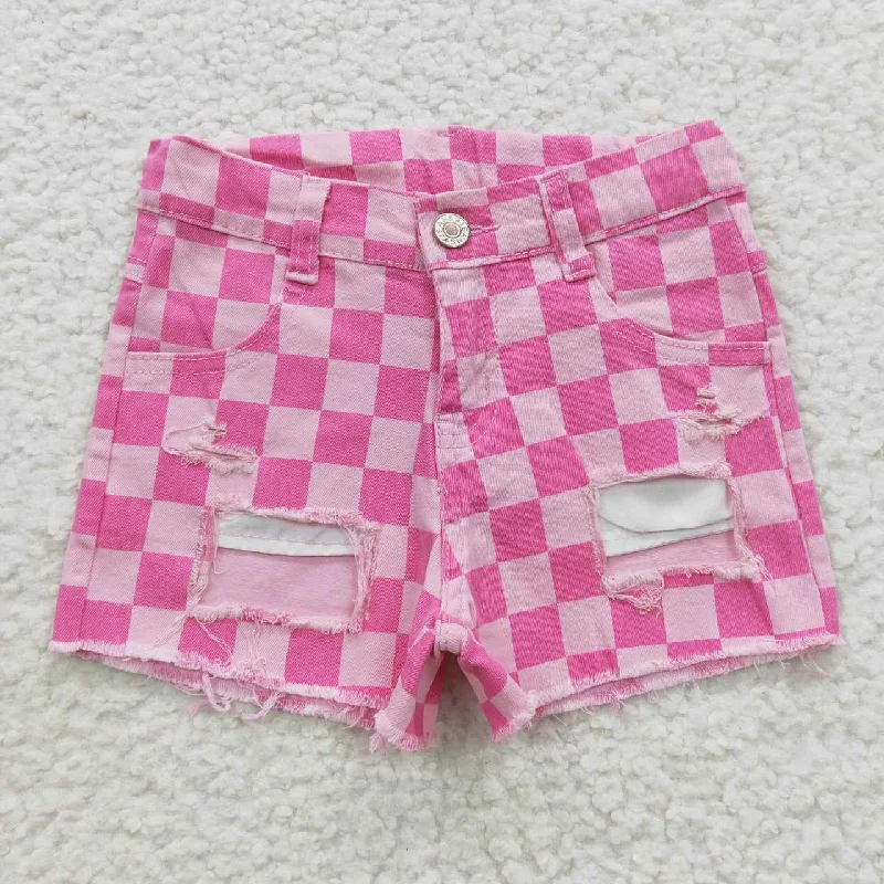 SS0092 Pink Plaid Distress Girls Shorts Denim Jeans Trendy Men's Bucket