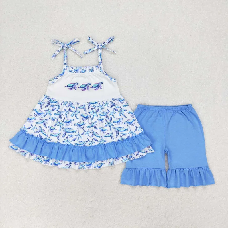 GSSO1241 Embroidered turtle blue lace white halter shorts set baby girls clothes sets newborn clothing Cozy Men's Winter