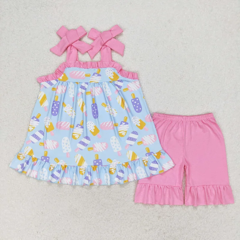 GSSO1037 Ice cream blue strap Pink shorts set High quality kids girl clothing sets 1 year party dresses Vacation GSSO1037 Ice cream blue strap Pink shorts set High quality kids girl clothing sets 1 year party dresses Vacation