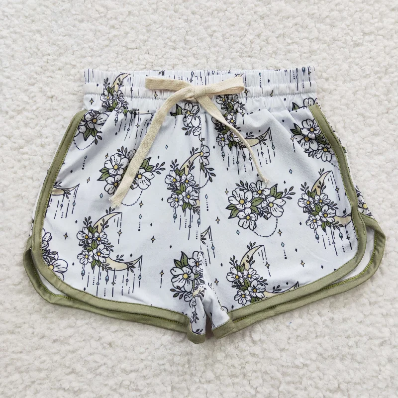SS0084 Green Floral Boys Shorts Pants Athletic Men's Compression