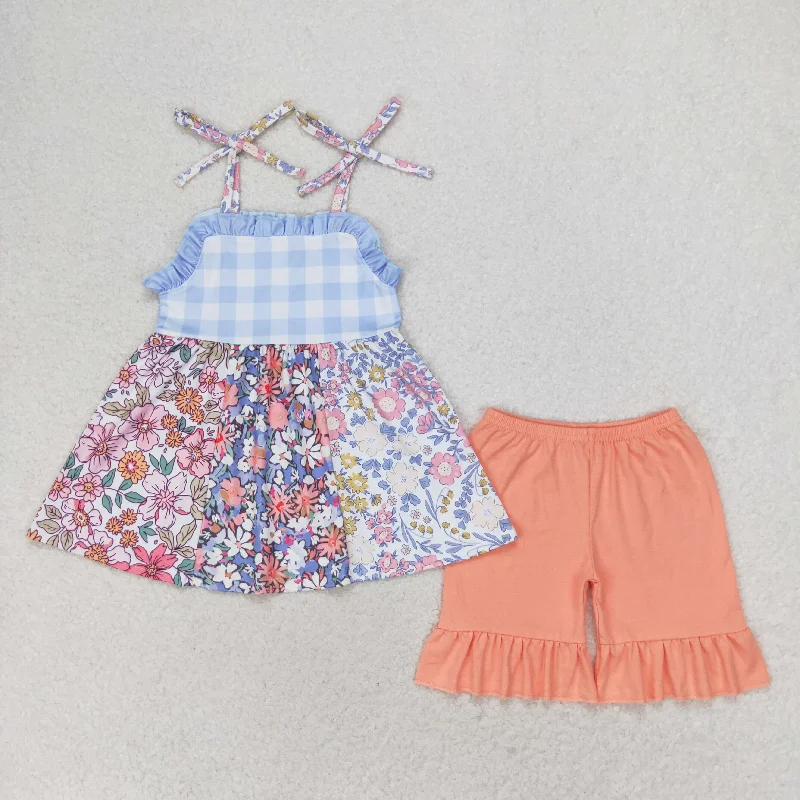 GSSO0990 Floral plaid lace suspenders Orange shorts set high quality girls clothing sets 3-4 years Luxurious Men's High GSSO0990 Floral plaid lace suspenders Orange shorts set high quality girls clothing sets 3-4 years Luxurious Men's High