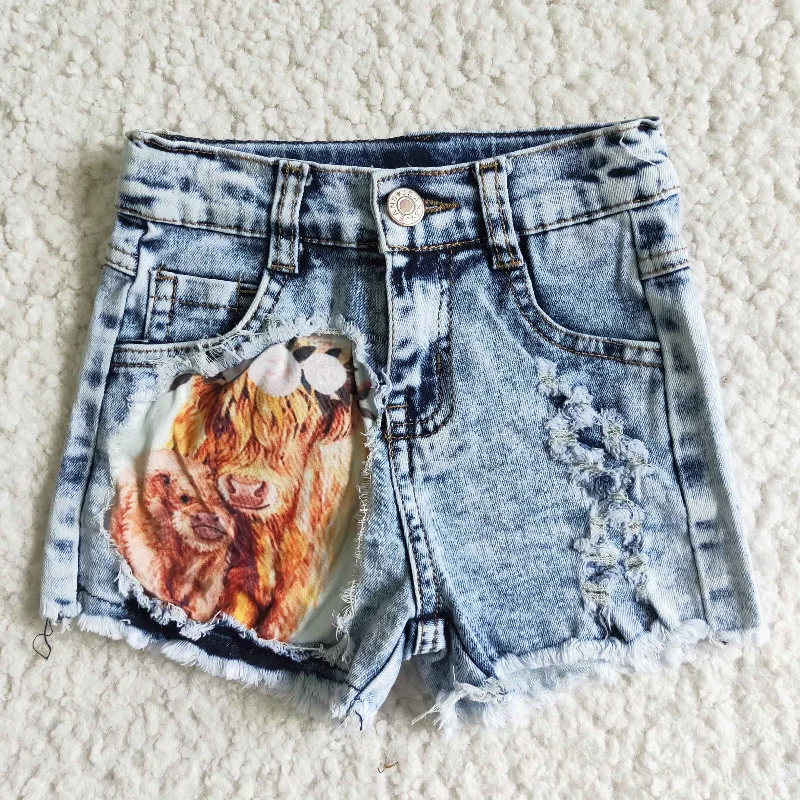 SS0024 Highland Cows Blue Distress Girls Shorts Denim Jeans Elegant Men's Formal 