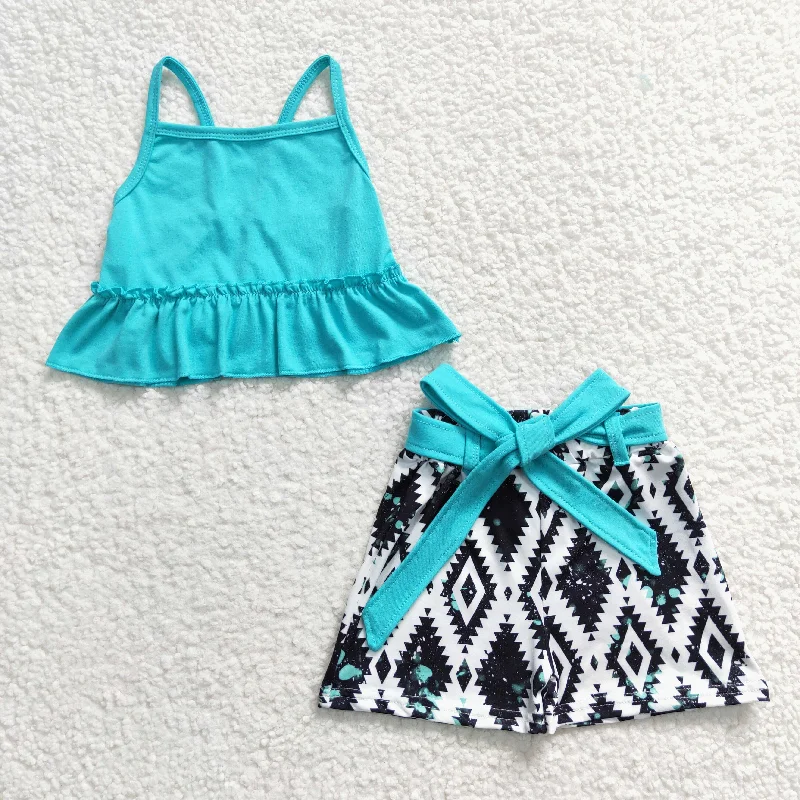 Clearance GSSO0201 Girls' blue suspender geometric shorts set Cozy Men's Sherpa