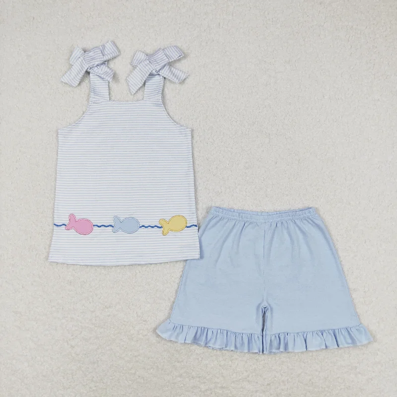 GSSO0809 Embroidered small fish striped ribbon blue shorts set high quality summer teen girl clothing set Luxurious Men's High GSSO0809 Embroidered small fish striped ribbon blue shorts set high quality summer teen girl clothing set Luxurious Men's High