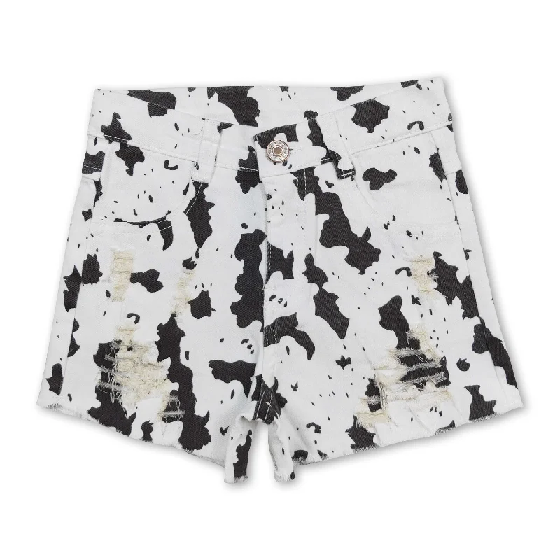 Black cow print distressed kids girls denim shorts Laid