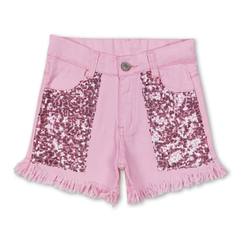 Pink sequin fringe kids girls summer denim shorts Cozy Men's Sherpa
