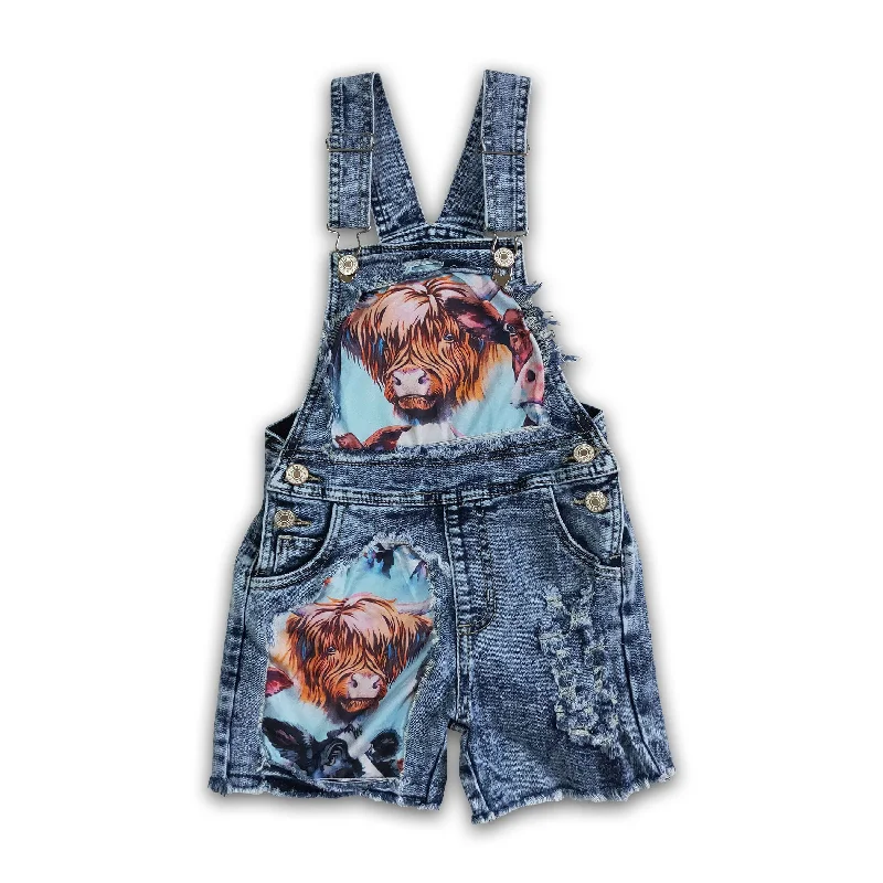 Highland cow denim jeans baby girls overalls Hip Men's Retro