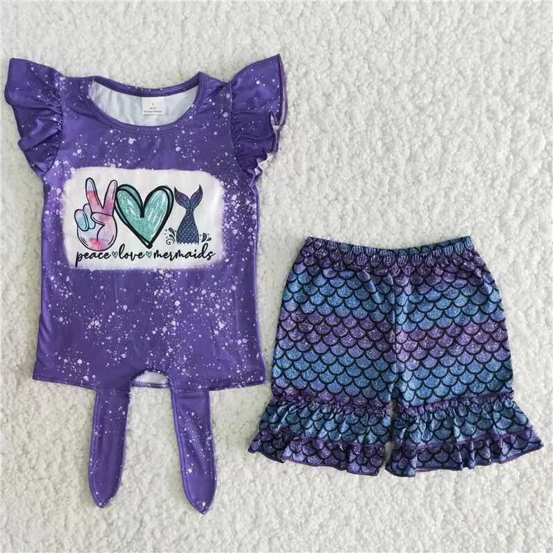Clearance B6-11 Purple fishtail and fish scale shorts Monochromatic All