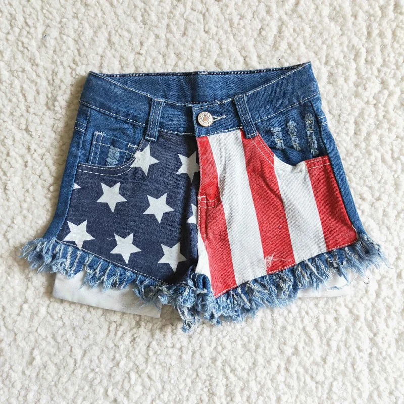 NC0003 4th Of July Blue Starts Red Stripes Girls Shorts Denim Jeans Masculine Men's Thick
