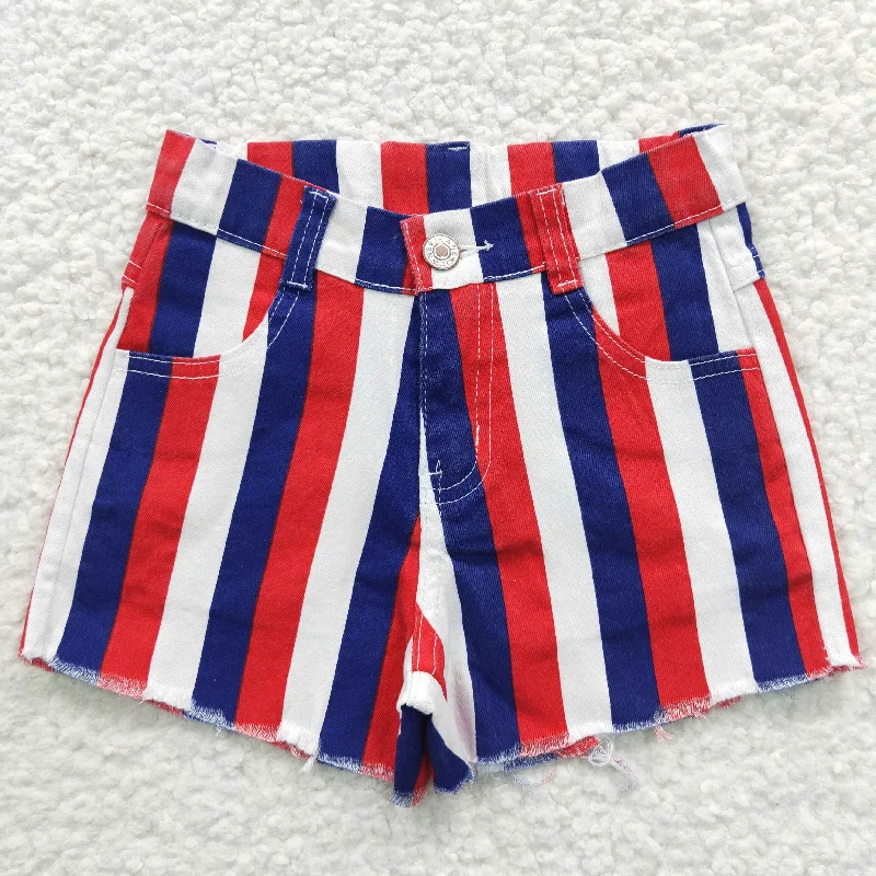 SS0082 4th Of July Blue Red Girls Shorts Denim Jeans Preppy Men's College