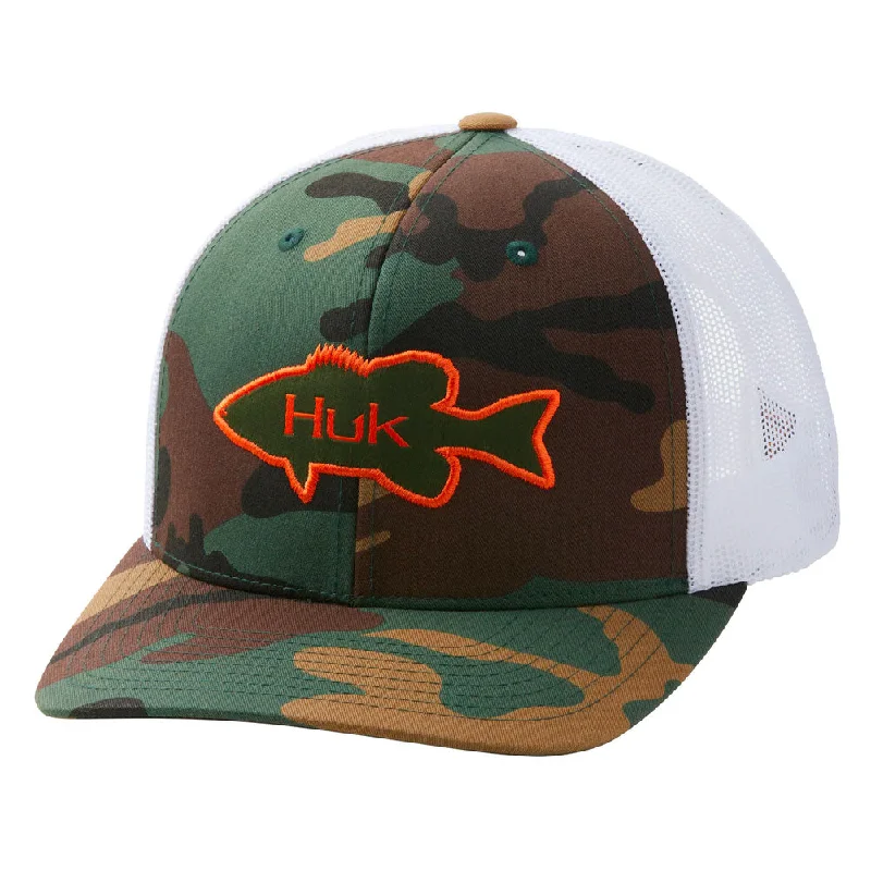 HUK Bass Trucker Snap Back Hat- Moss Camo Trendy Men's Oversized