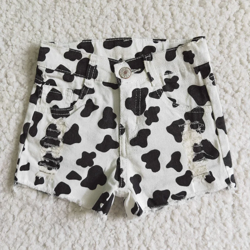 SS0027 Black White Cow Print Distress Girls Shorts Denim Jeans Tough Men's Military