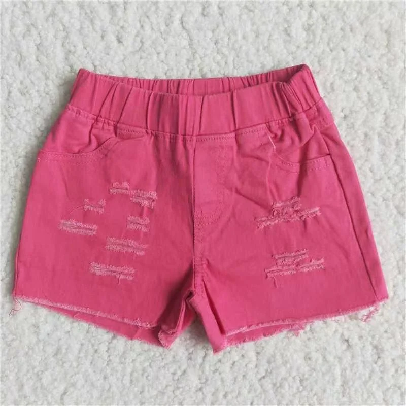 D13-5 Summer Hot Pink Solid Color Shorts Denim Jeans Traditional Men's Wool