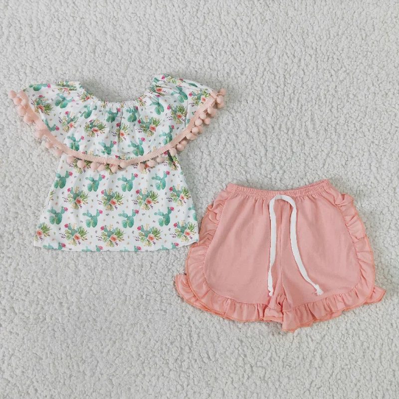 Clearance GSSO0103 Girls cactus one-shoulder pink bow shorts set high quality Traditional Men's Country Clearance GSSO0103 Girls cactus one-shoulder pink bow shorts set high quality Traditional Men's Country