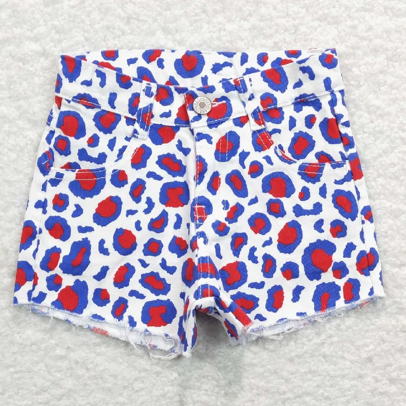 SS0167 Pink Blue Leopard  Girls Shorts Denim Jeans Tough Men's Military