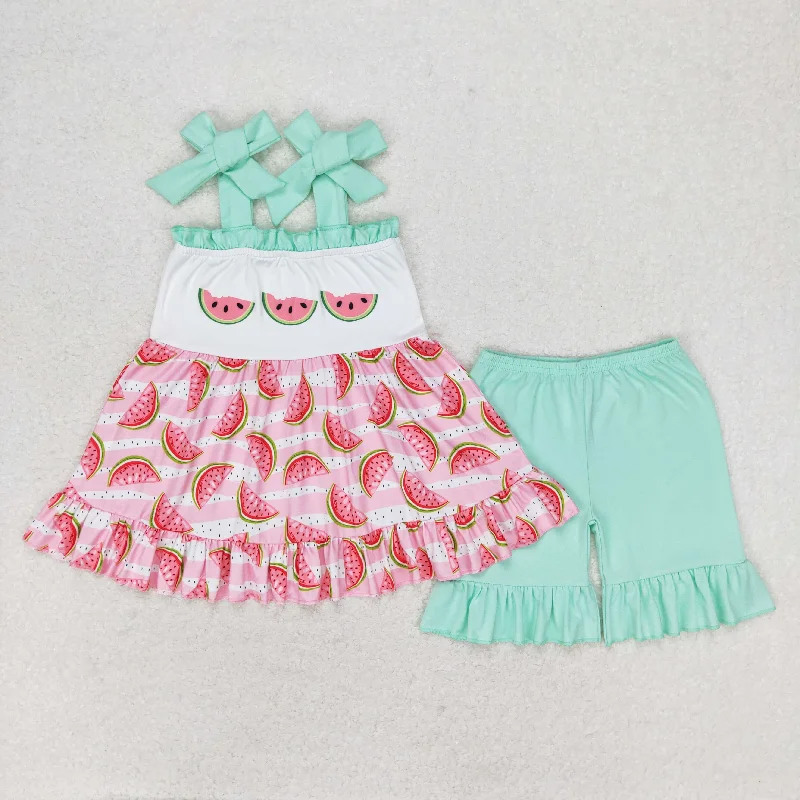 GSSO0709 Watermelon pink striped teal lace bow halter shorts set high quality girls clothing sets Dapper Men's 1920S