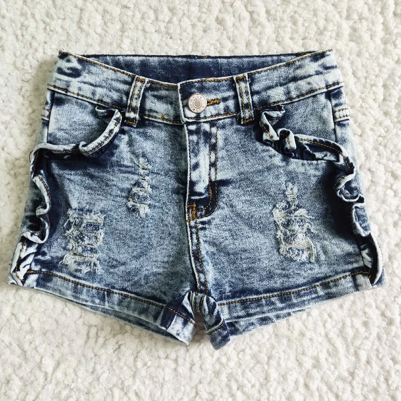 SS0011 Blue Bleaching Distress Girls Shorts Denim Jeans Earthy Men's Sustainable 